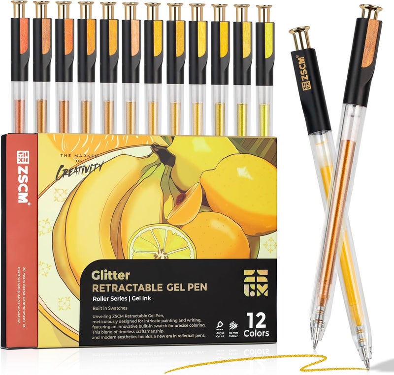 ZSCM Retractable Glitter Gel Pens, 12 Colors Large Capacity Yellow Glitter Metallic Gel Ink Pens, 1 mm Fine Point Smooth Writing Color Pens for Adult Coloring Book Note Taking Aesthetic Art Supplies - Image 1
